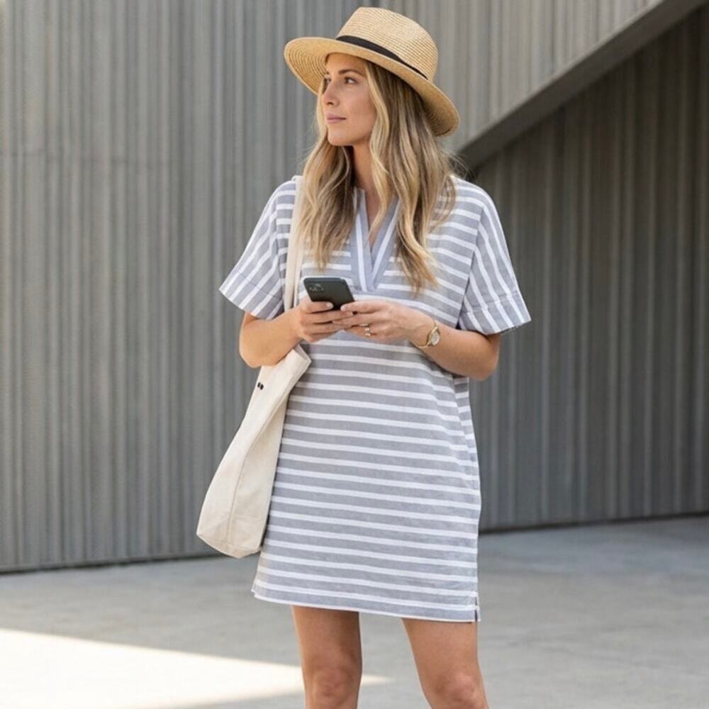 ATM Anthony Thomas Melillo Striped White Tunic Dress LG Coastal Preppy Nautical